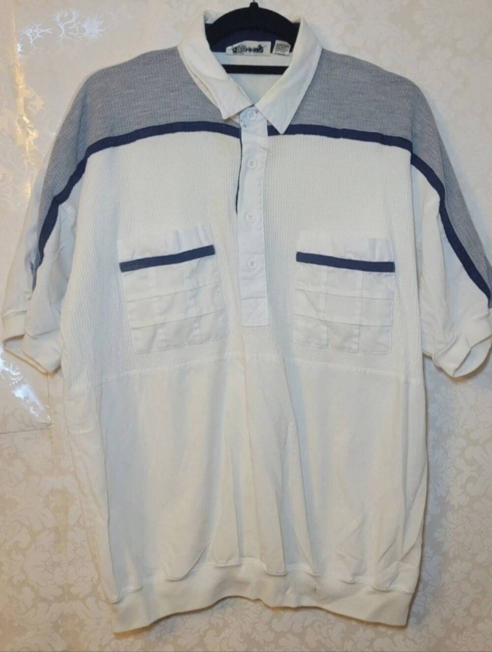 Men's White Polo with Navy Trim and Twin Pockets